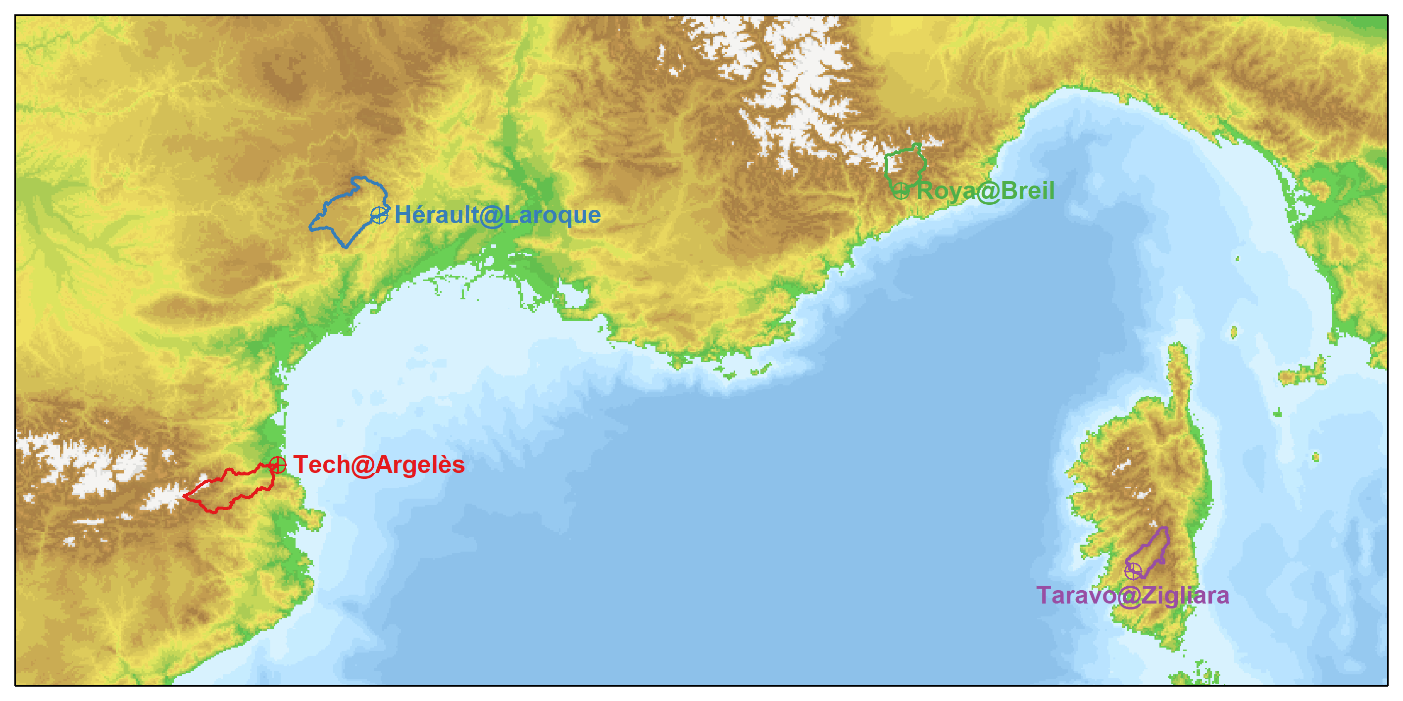 Map of the 4 Mediterranean catchments studied within the two workshops.